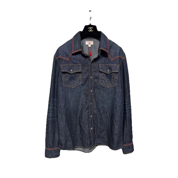 NWT True Religion Mens Large Blue Denim Western Released Hem Long Sleeve Shirt - Picture 5 of 10